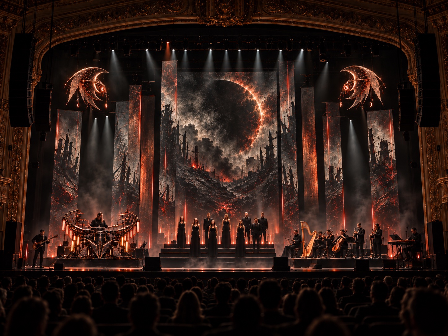 Singers and musicians beneath fiery eclipse imagery and tall scenic panels