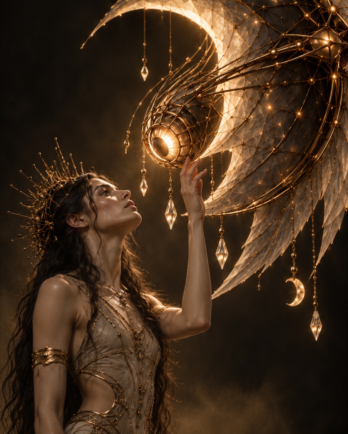 A costumed performer reaches toward a suspended illuminated sculptural creature