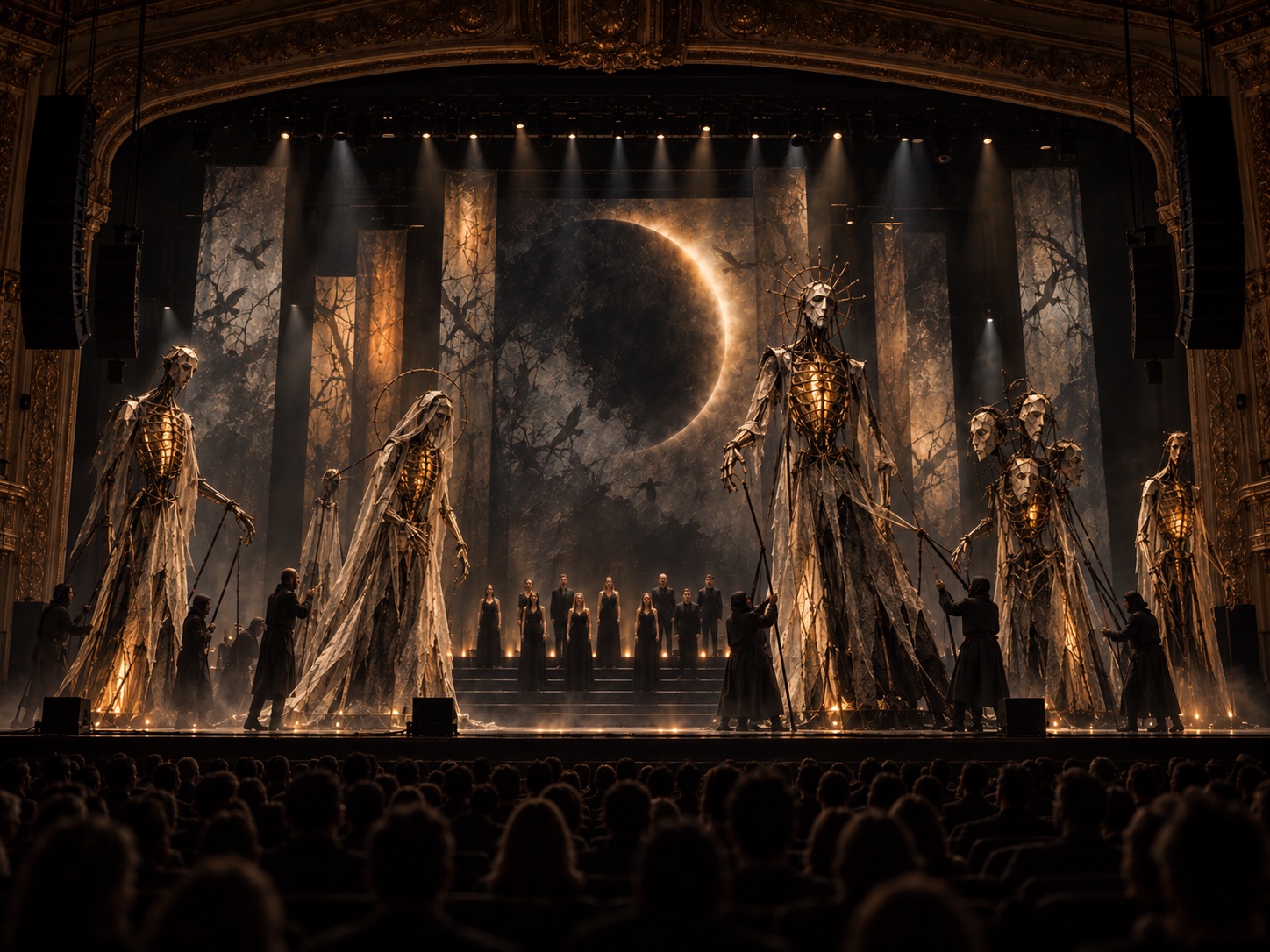 Towering illuminated puppets operated by performers across a theatrical stage