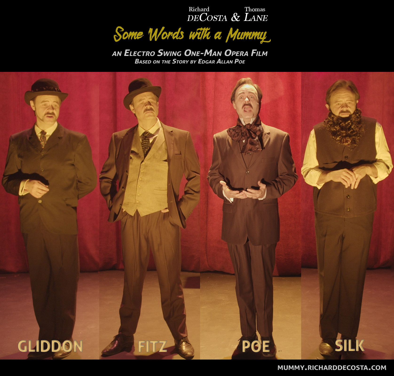Archive montage showing Gliddon, Fitz, Poe and Silk in Victorian costume against red curtains